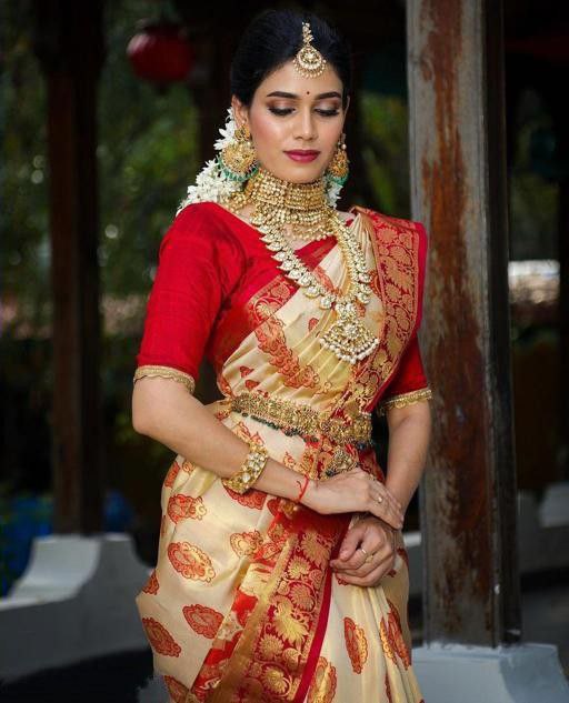 Wedding Wear White With Red Color Saree