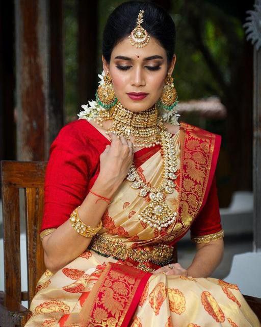 Wedding Wear White With Red Color Saree