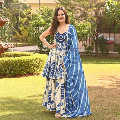 Gorgeous Printed Blue And White Color Plazzo Suit