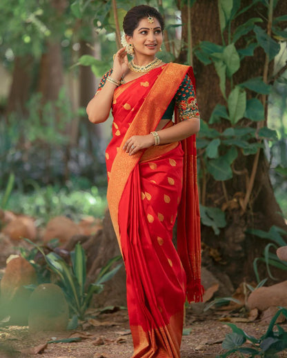 Wedding Wear Red Color Golden Jari  Design Saree