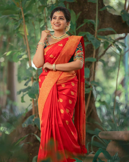 Wedding Wear Red Color Golden Jari  Design Saree