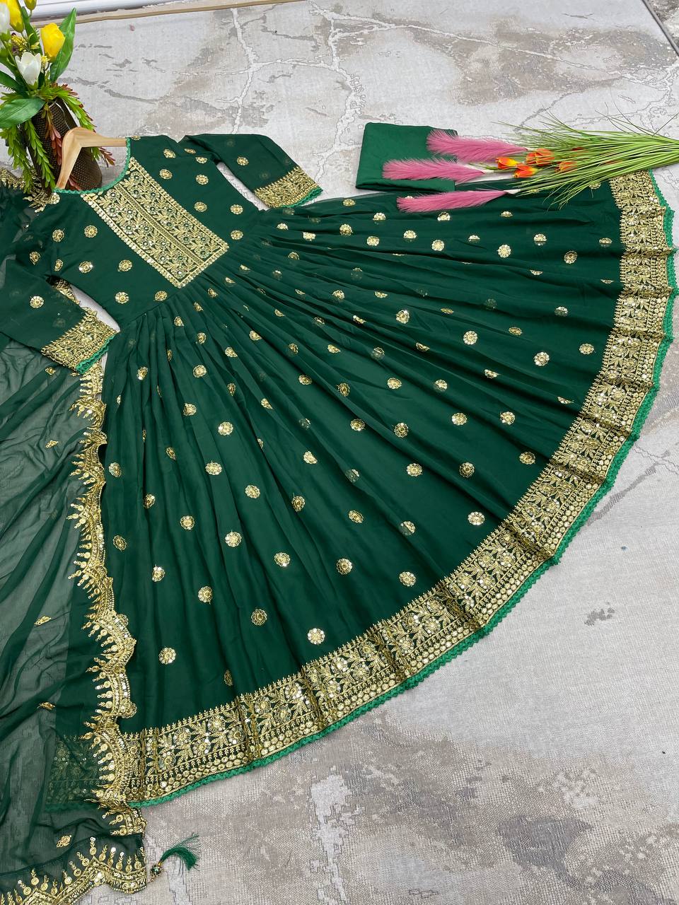 Wonderful Green Color Embroidery Work Party Wear Gown