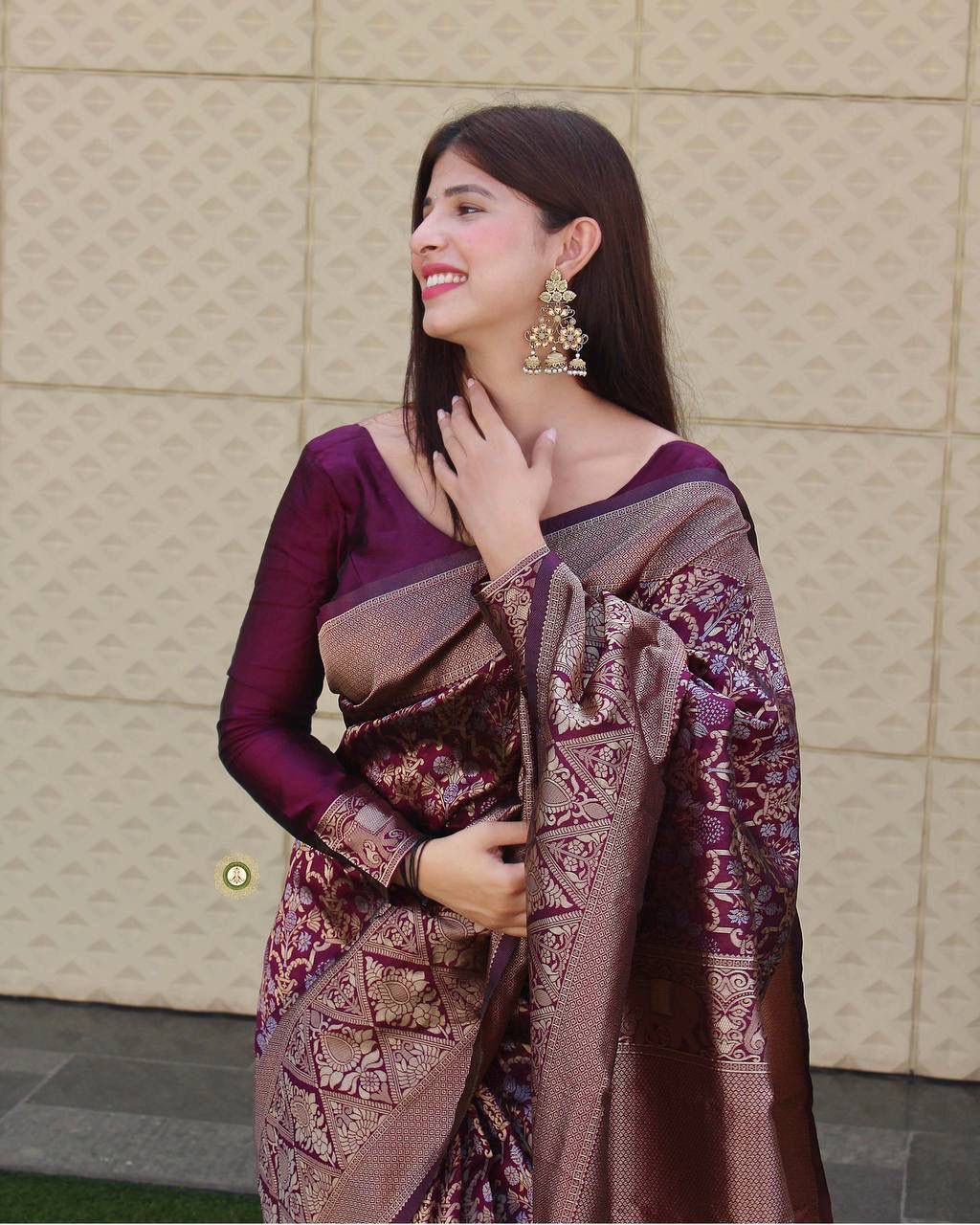 Superhit Wine Color Golden Silver Design Saree