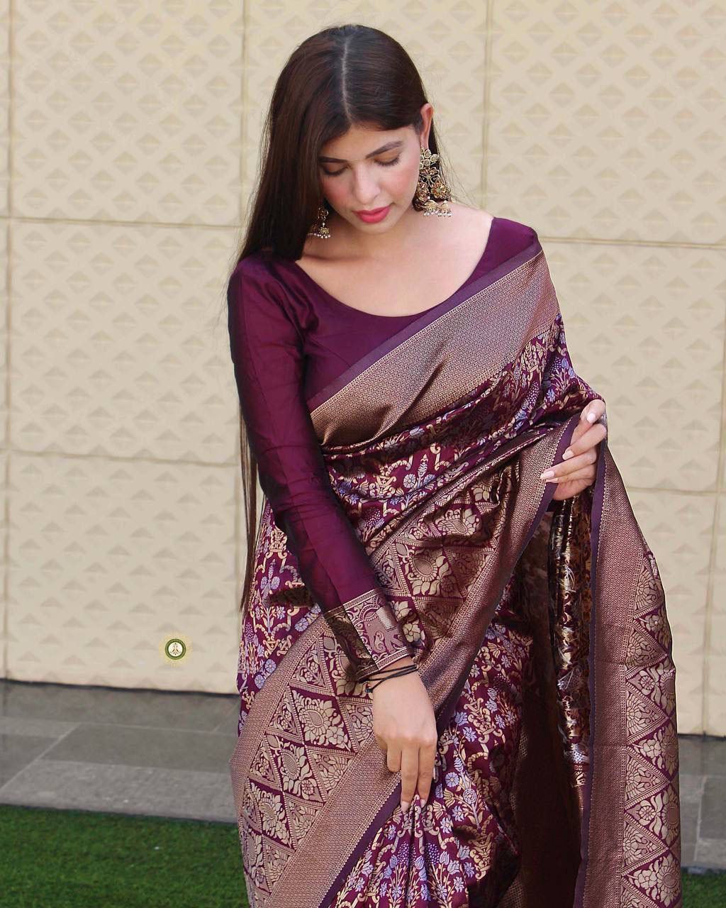 Superhit Wine Color Golden Silver Design Saree