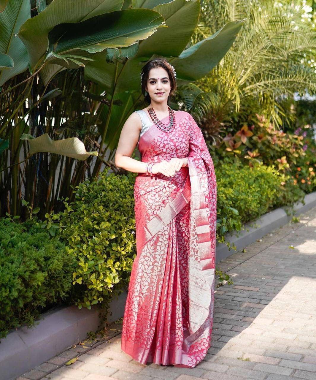 Beautiful Silver Jari Pink Color Lichi Silk Saree