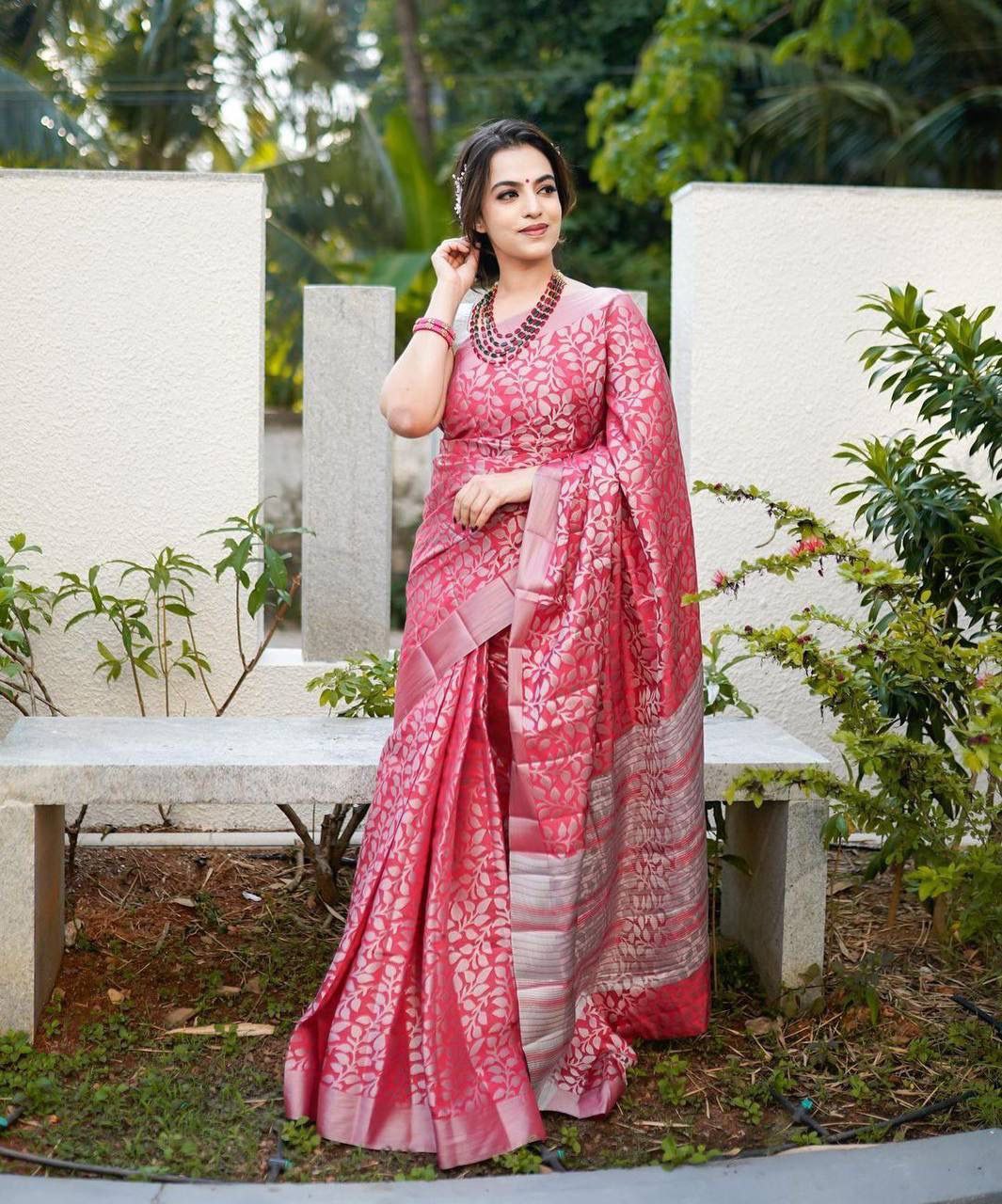 Beautiful Silver Jari Pink Color Lichi Silk Saree