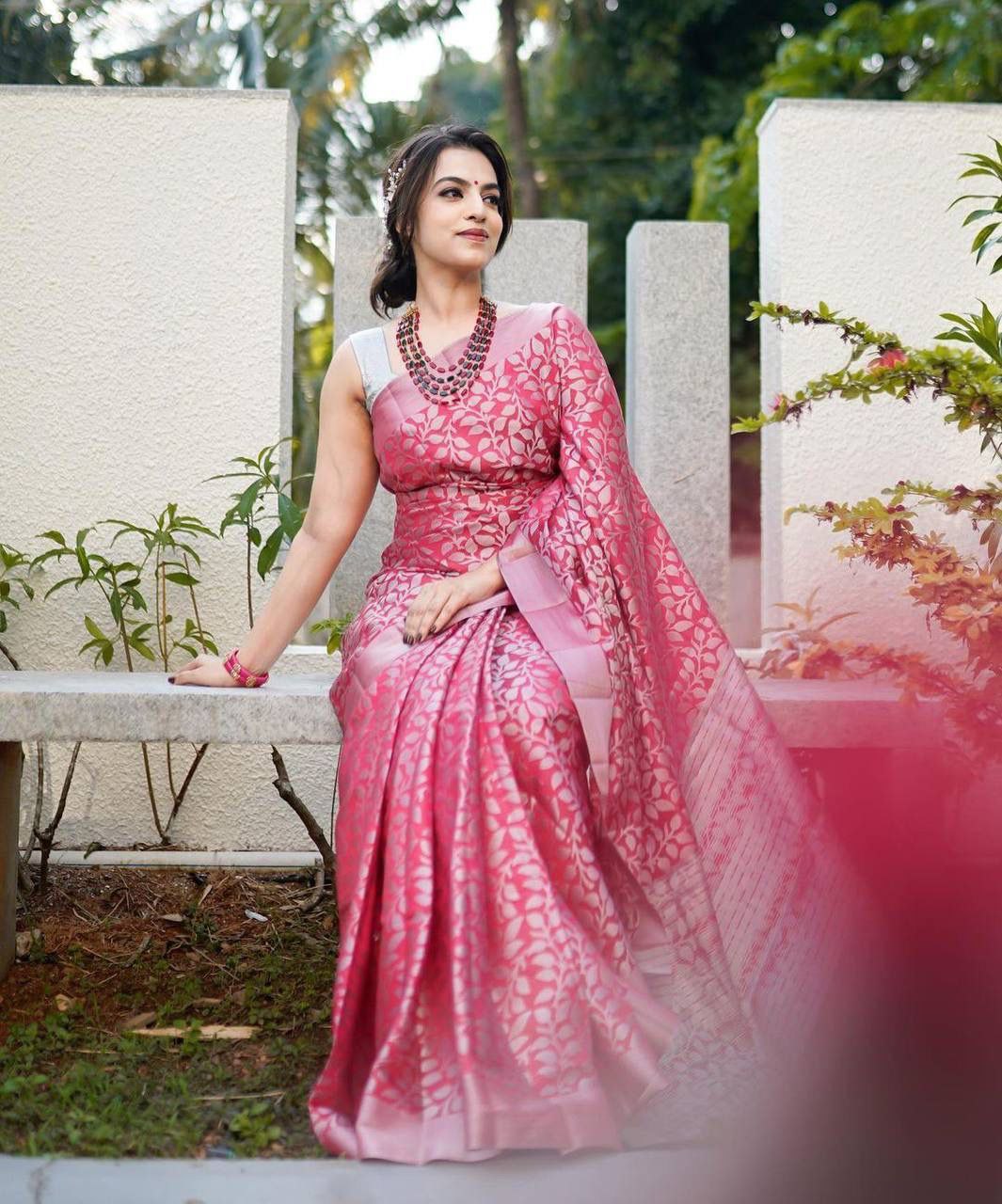 Beautiful Silver Jari Pink Color Lichi Silk Saree