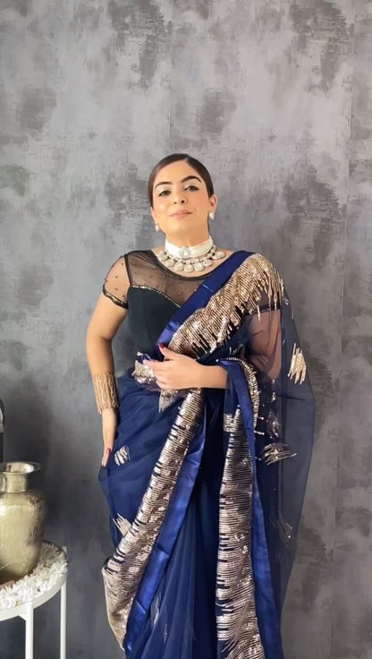 Delightful Sequence Work Navy Blue Color Saree