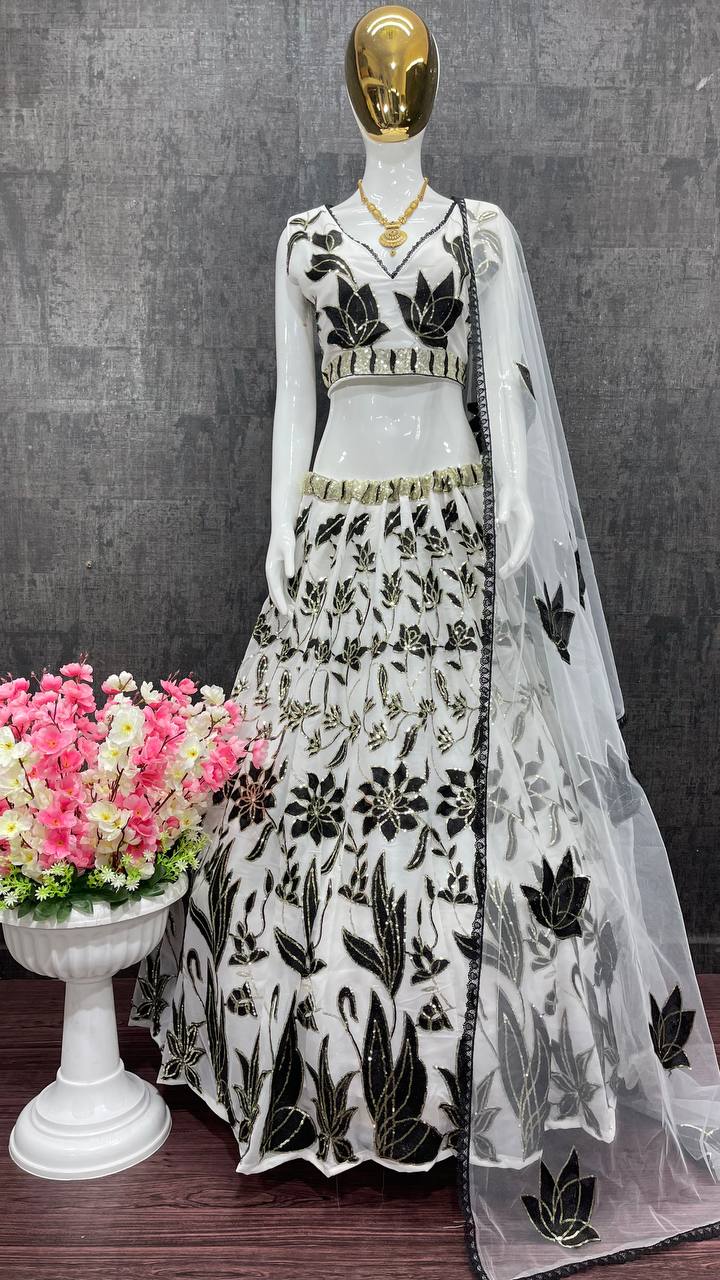 Black Thread And Sequence Work White Color Lehenga Choli