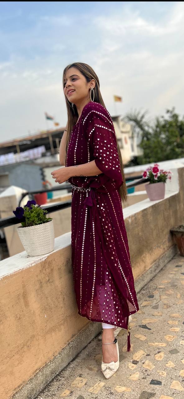 Adorable Embroidery Foil Work Wine Color Kaftan Kurta