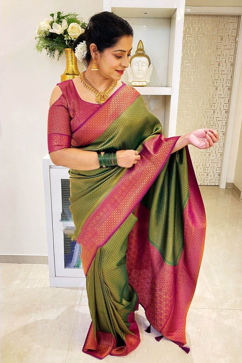 Elegant Mehndi Green And Pink Color Silk Saree