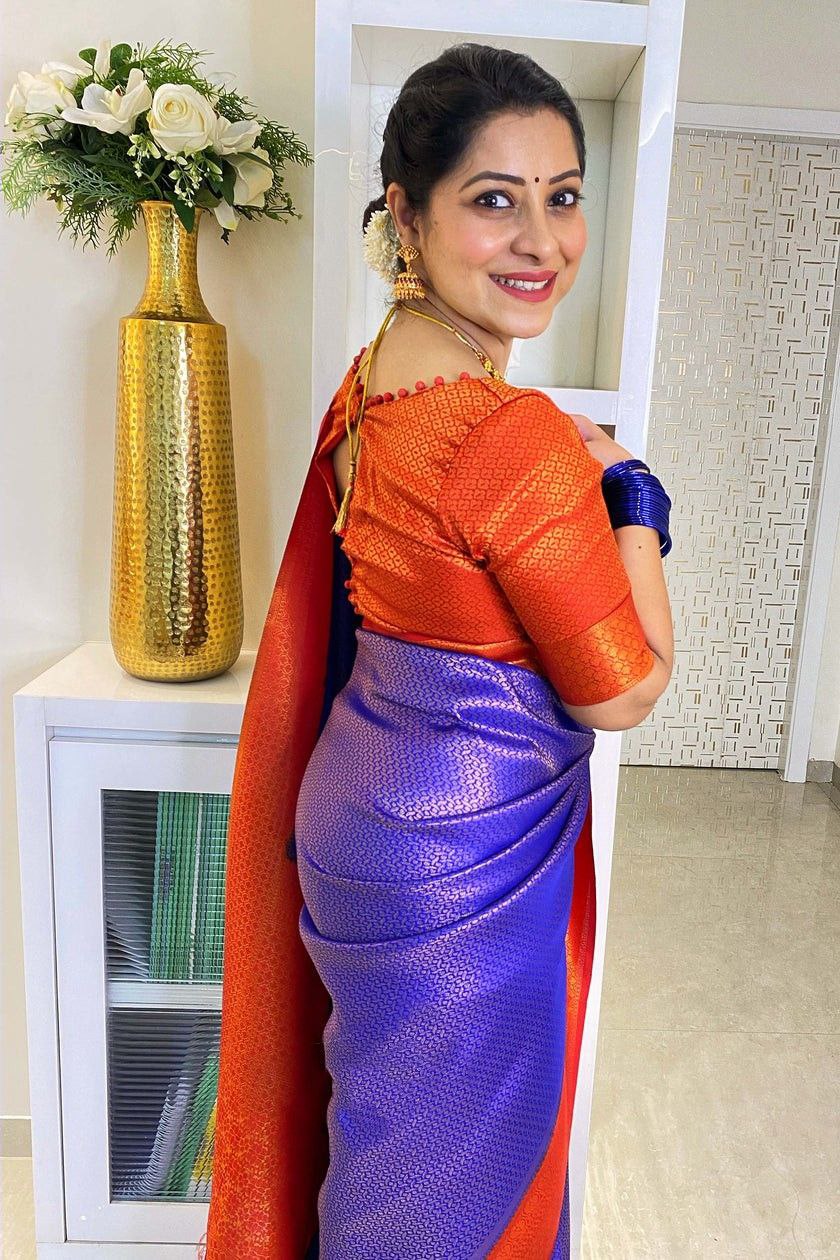 Elegant Blue And Red Color Silk Saree