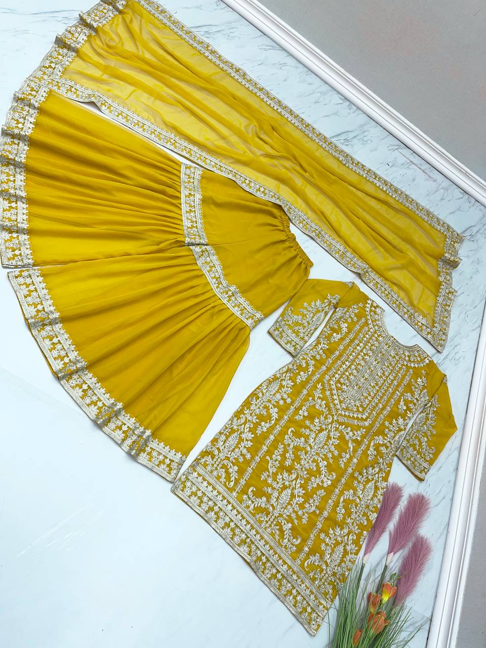 Yellow Color Beautiful Work Sharara Suit