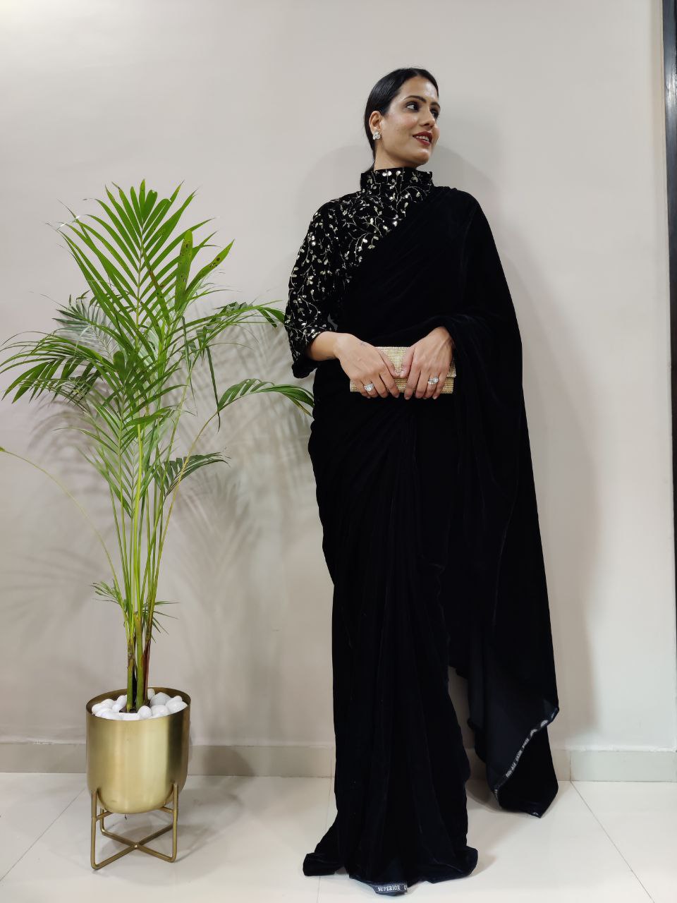 Trendy Ready To Wear Black Color Velvet Saree