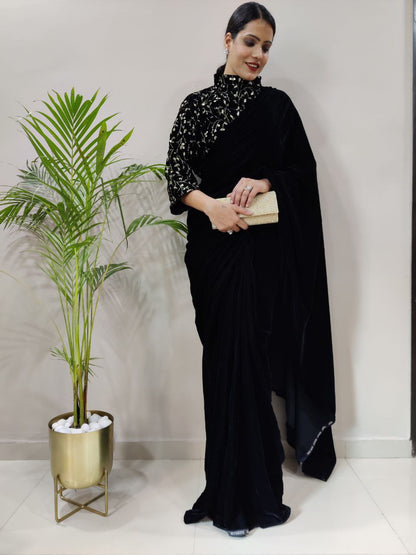 Trendy Ready To Wear Black Color Velvet Saree