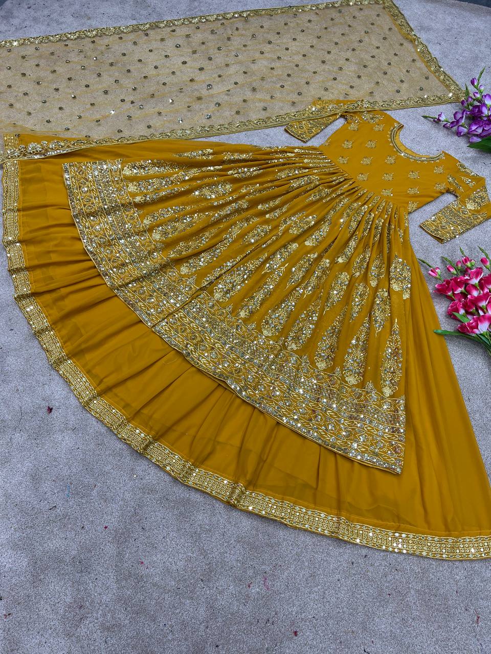 Outstanding  Yellow Color Embroidery And Sequence Work Lehenga Choli