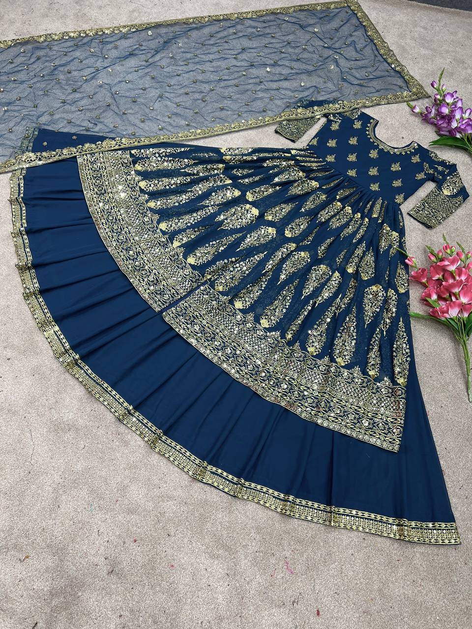 Traditional Wear Teal Blue Color Embroidery And Sequence Work Lehenga Choli