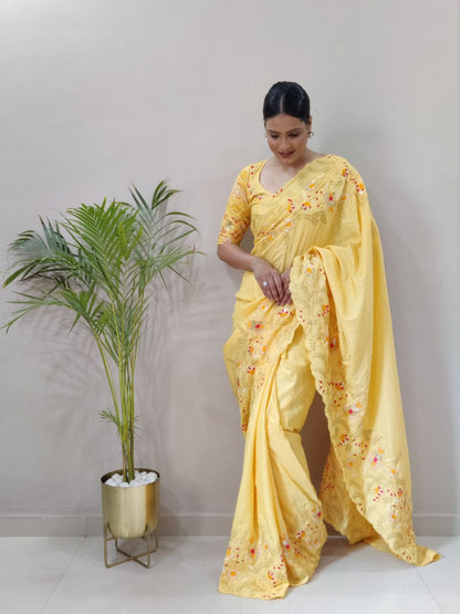 Stylish Yellow Color Dola Silk Ready To Wear Saree