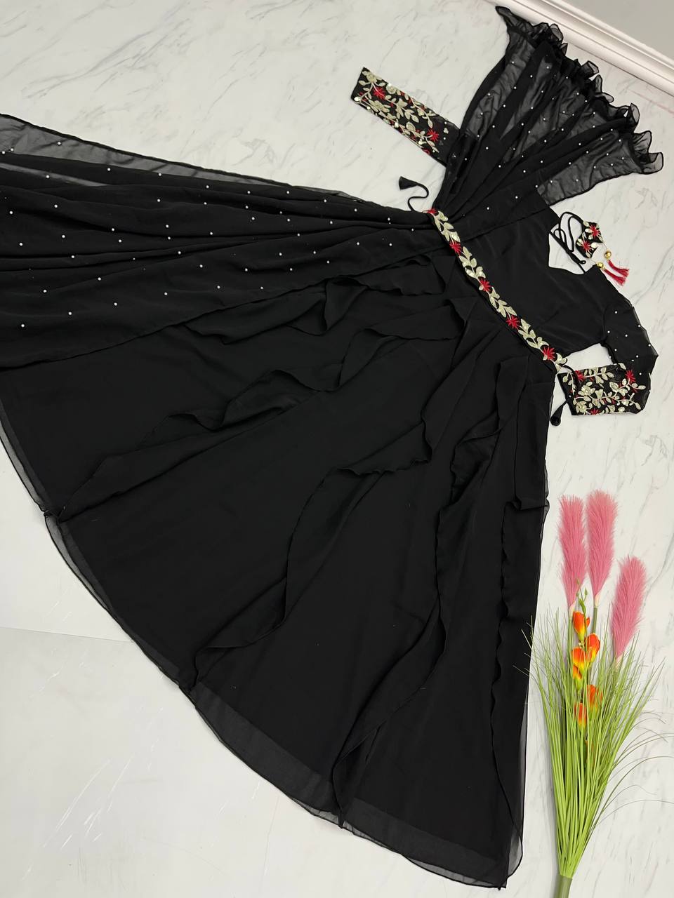 Glittering  Black Color Moti Work Gown