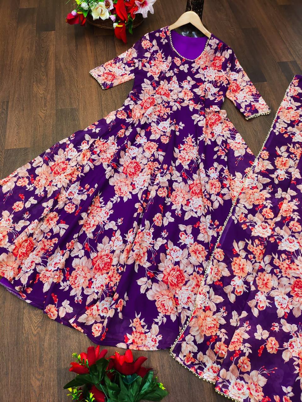 Glittering Flower Print Purple Color Gown