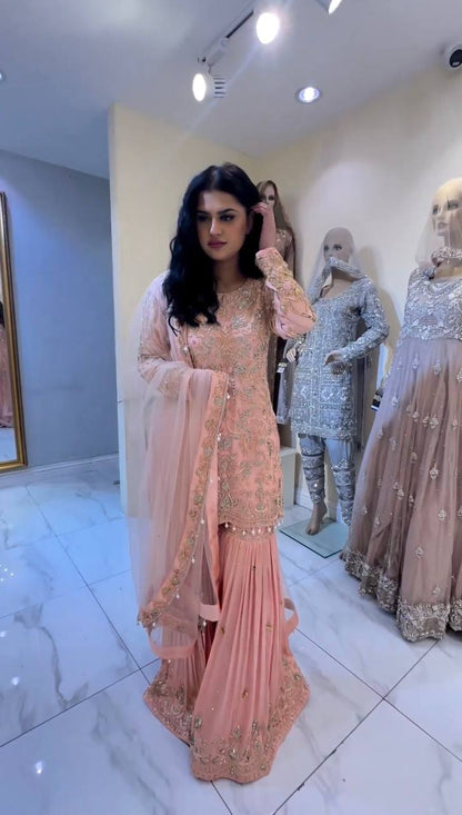 Fairy Look Light Pink Color Sequence Work Sharara Suit