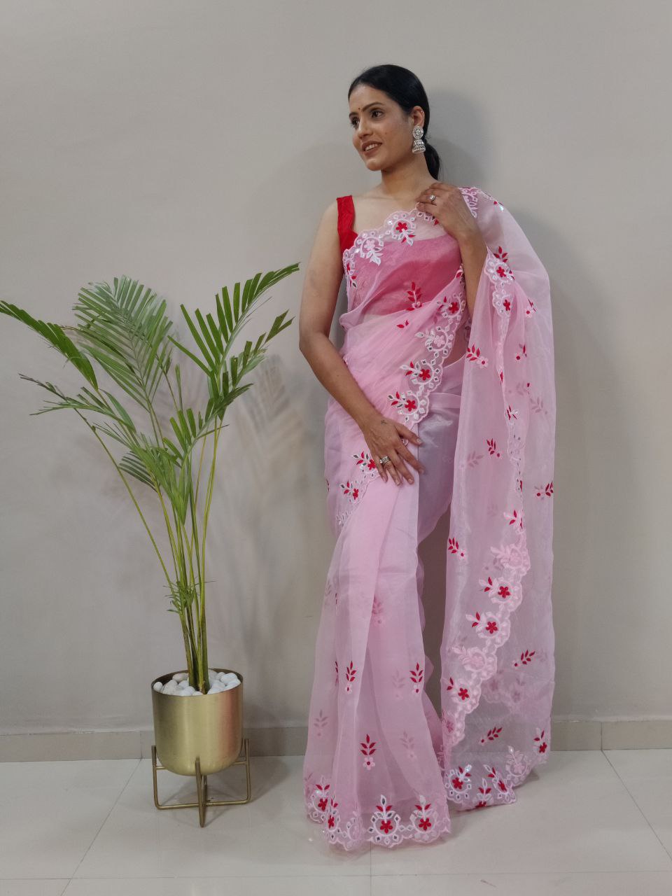 Gorgeous Pink Color Embroidery Work Saree