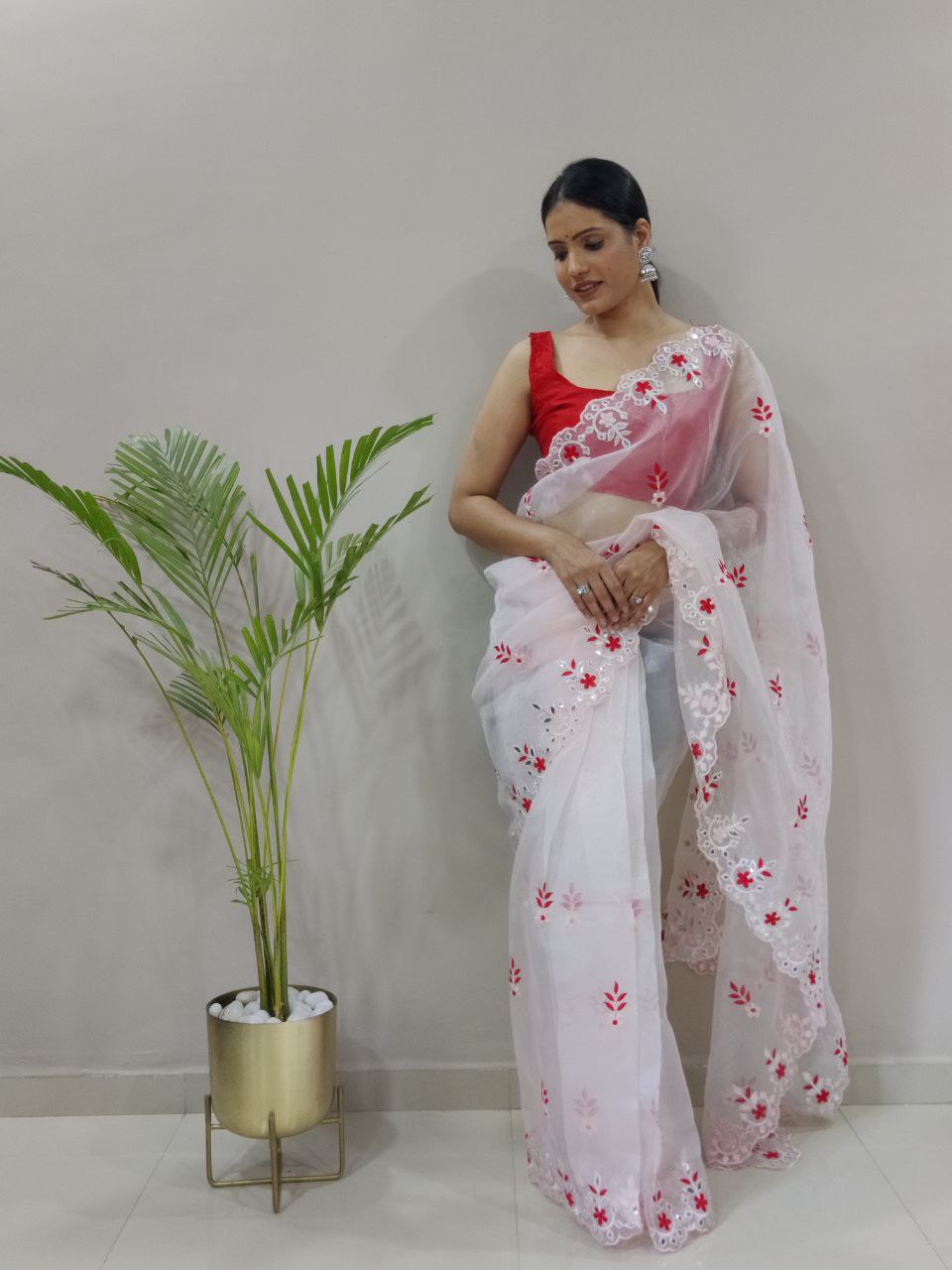 Gorgeous White Color Embroidery Work Saree