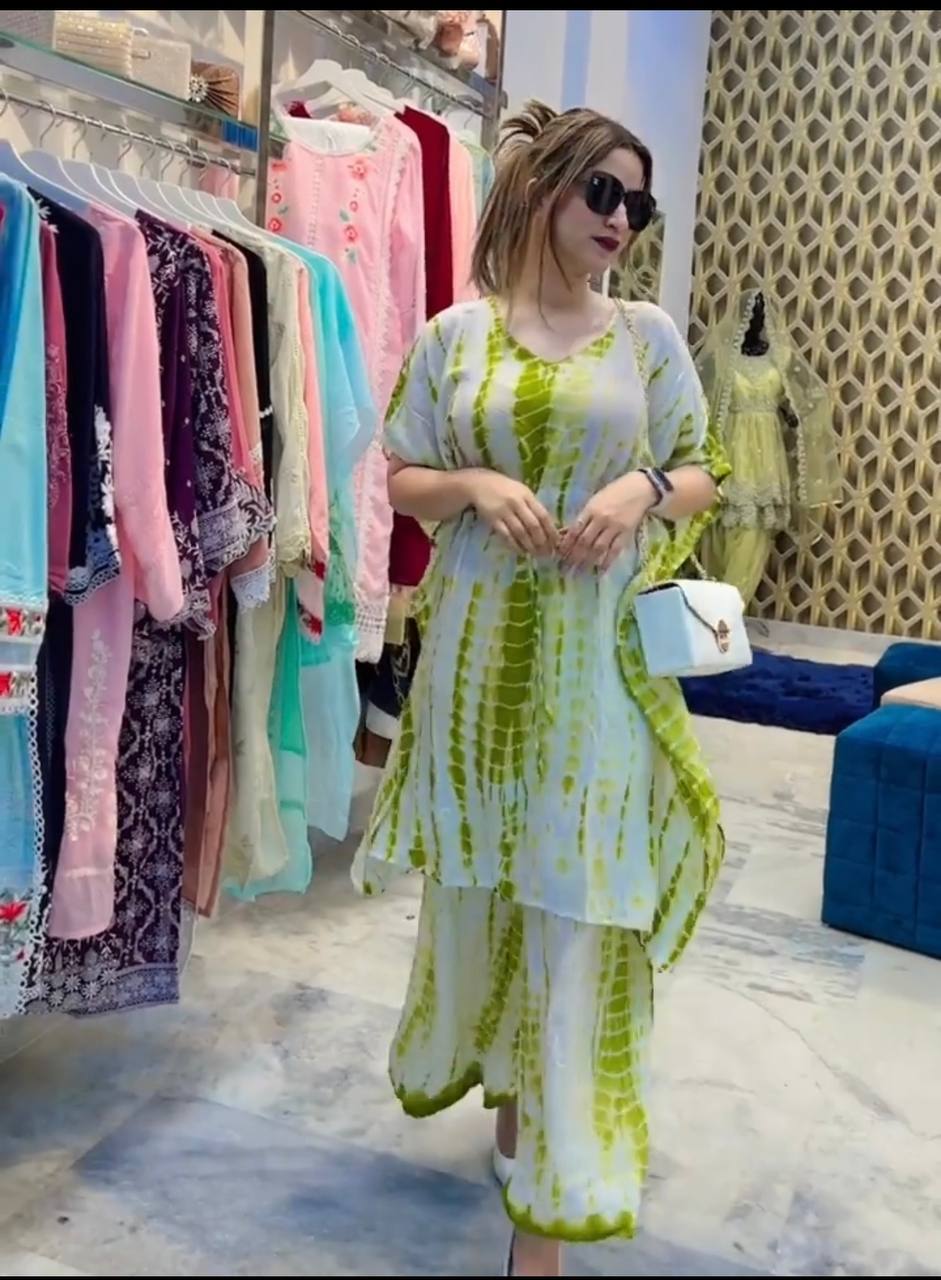 Fancy Parrot Green Color Digital Printed Kaftan With Palazzo