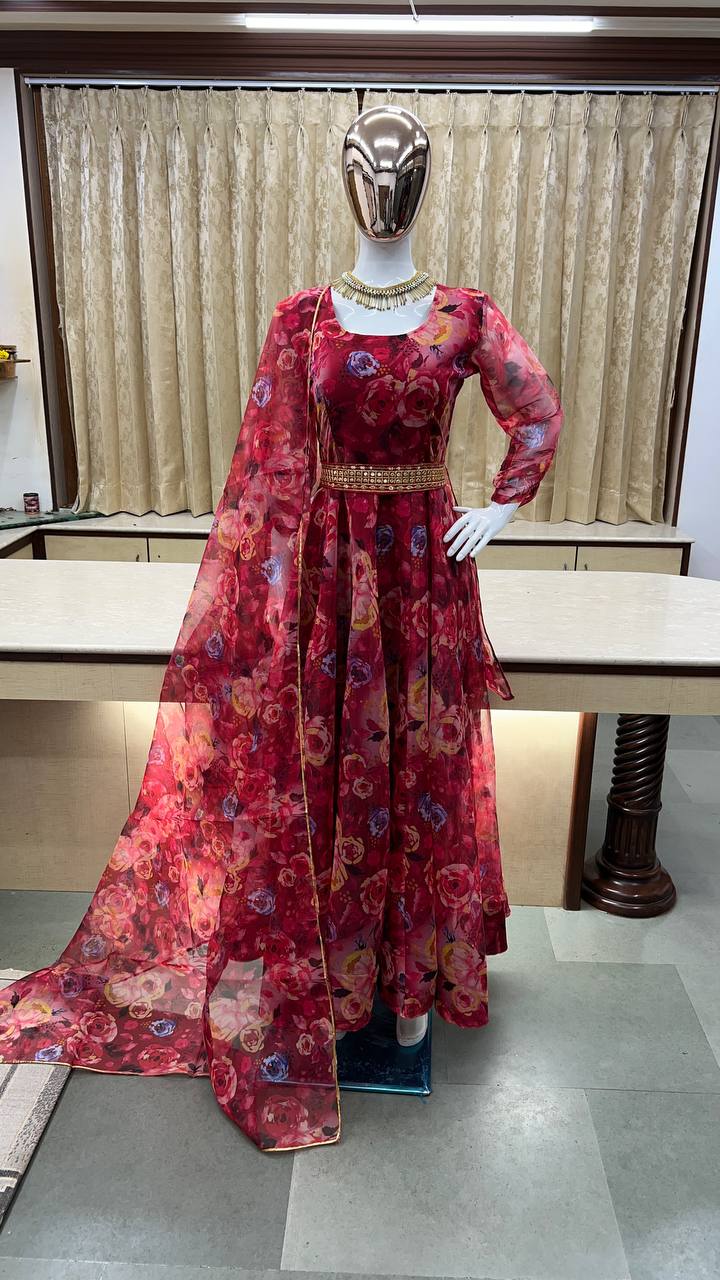 Superhit Red Color Digital Print Gown