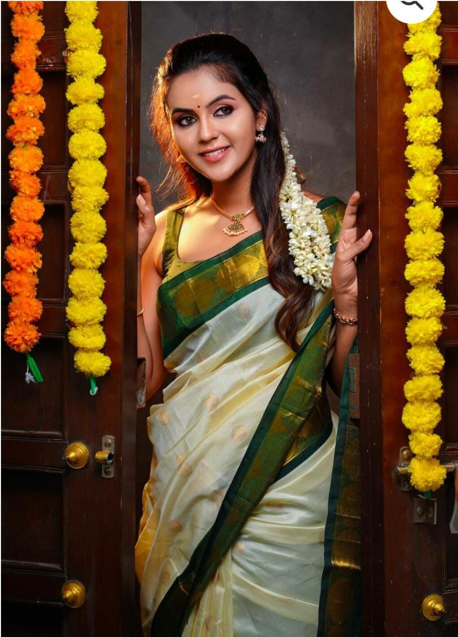 Function Wear White With Green Color Saree
