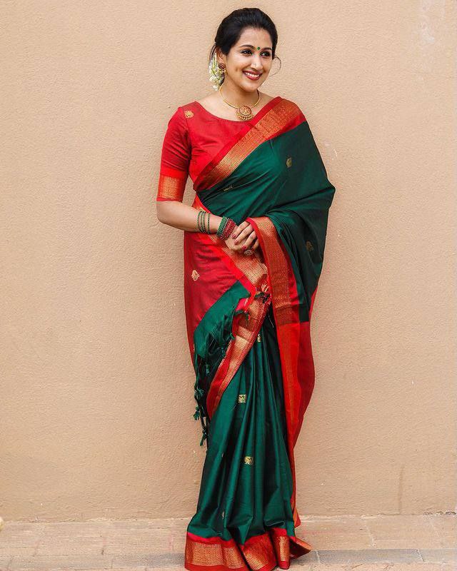 Preferable Green With Red Color Banarasi saree