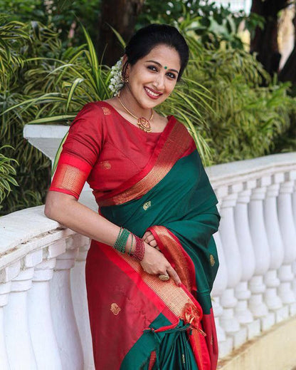 Preferable Green With Red Color Banarasi saree