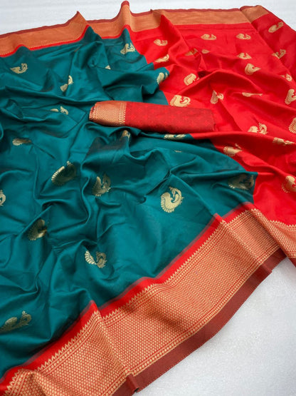 Preferable Green With Red Color Banarasi saree