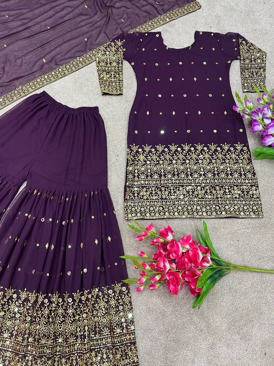 Pretty Purple Color Embroidery And Sequence Work Sharara Suit