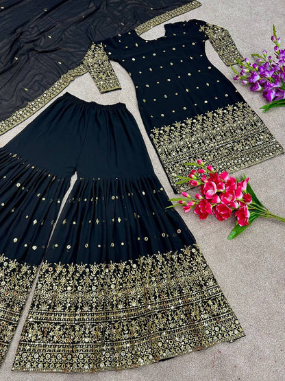 Pretty Black Color Embroidery And Sequence Work Sharara Suit