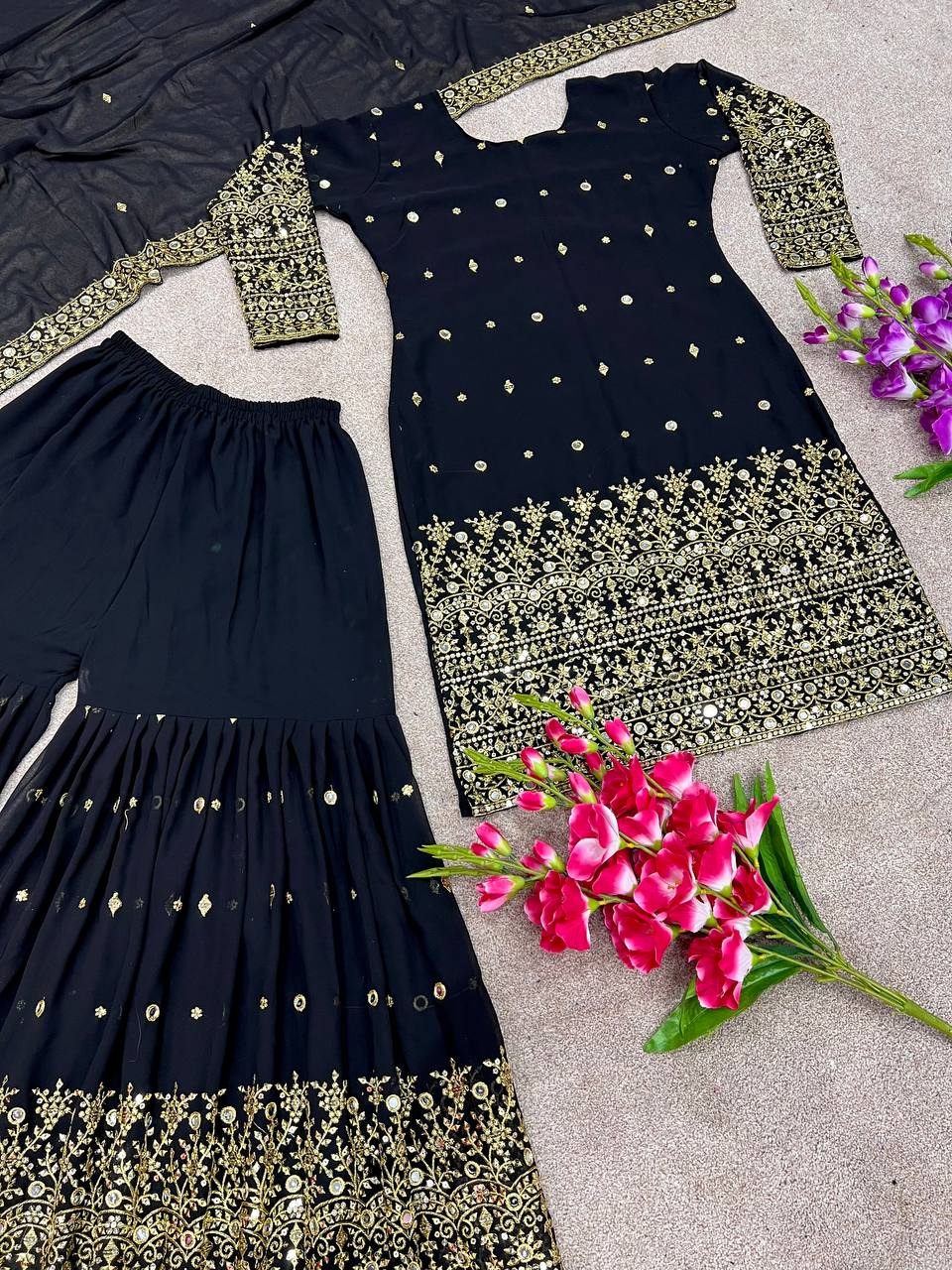 Pretty Black Color Embroidery And Sequence Work Sharara Suit