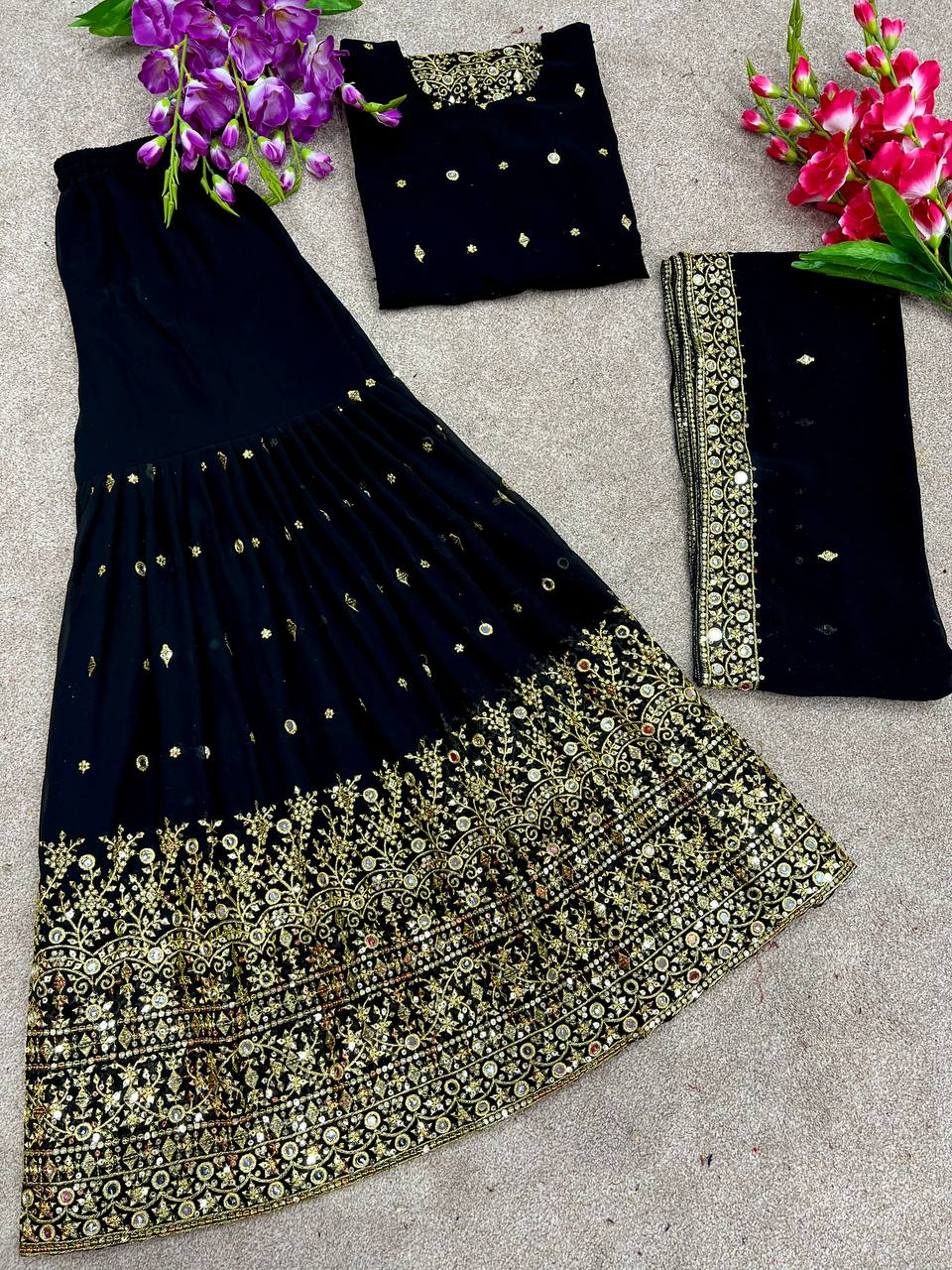 Pretty Black Color Embroidery And Sequence Work Sharara Suit