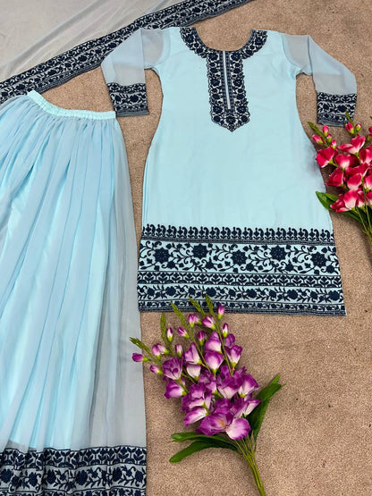 Ravishing Sky Blue Color Thread Work Palazzo Suit