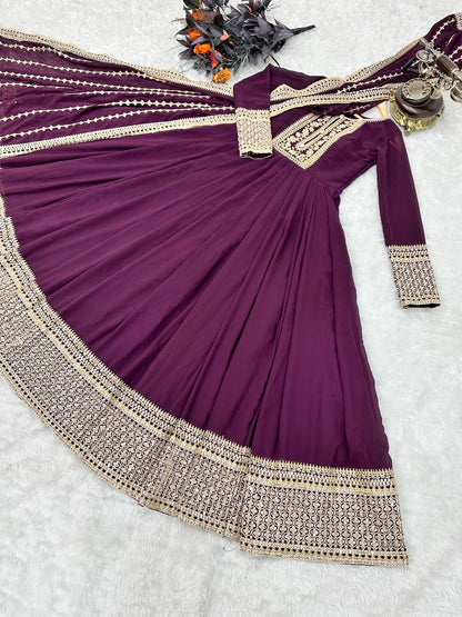 Fascinating Wine Color Sequence Work Gown