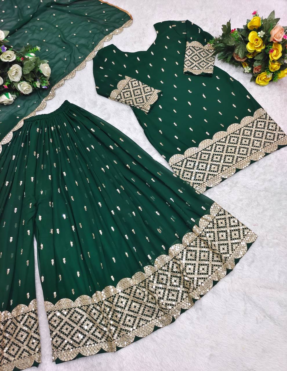 Wedding Wear Green Color Sequence Work Sharara Suit