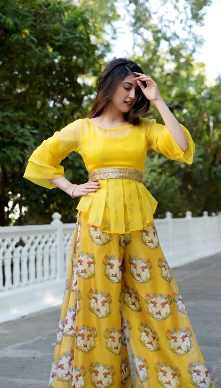 Fantastic Yellow Color Digital Print Top With Palazzo