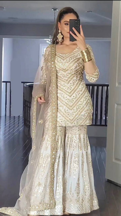 Amazing White Color Embroidery Sequence Work Sharara Suit