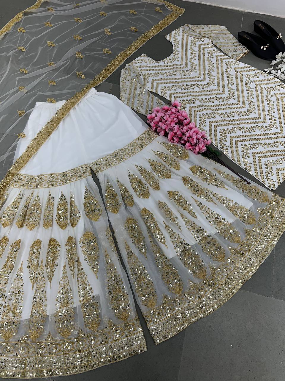 Amazing White Color Embroidery Sequence Work Sharara Suit