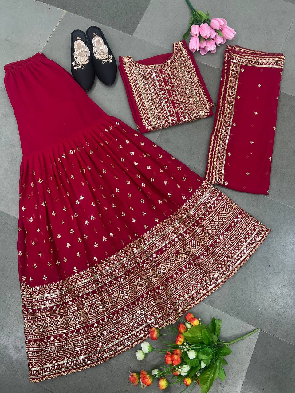 Luxuriant Dark Pink Color Sequence Work Sharara Suit