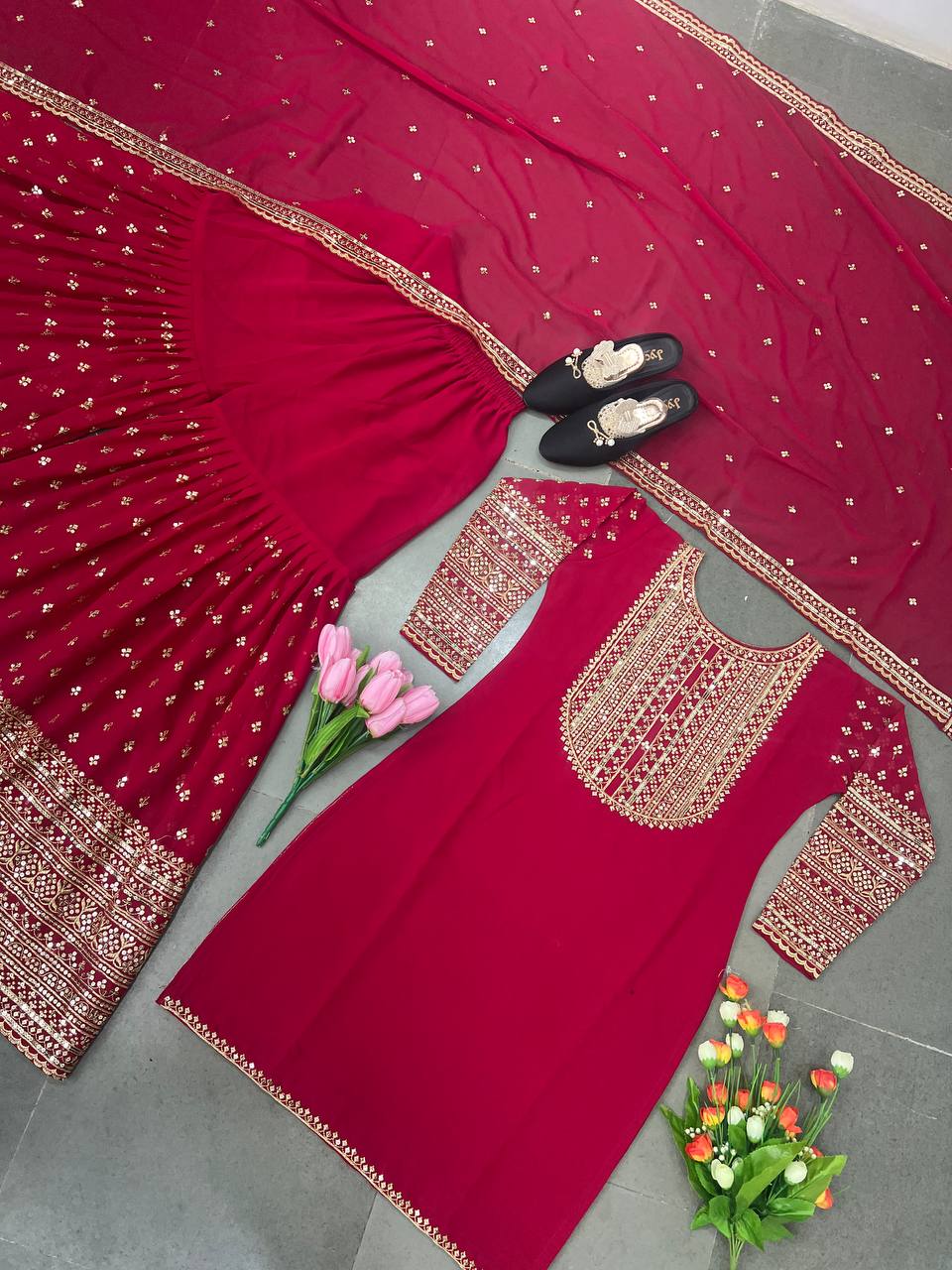 Luxuriant Dark Pink Color Sequence Work Sharara Suit