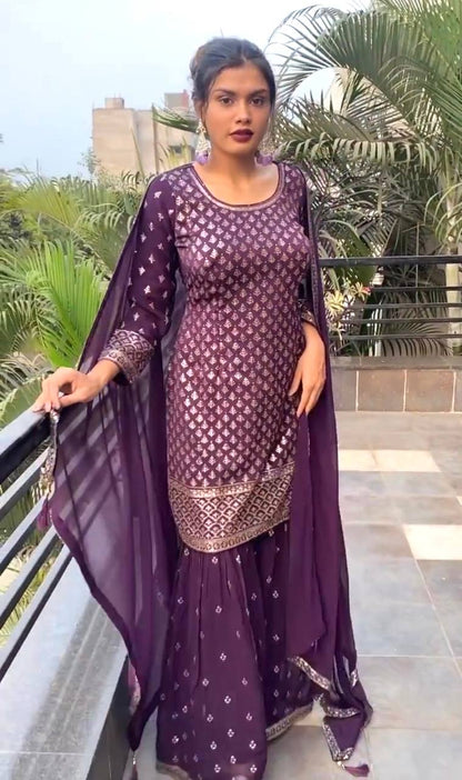 Excellent Purple Color Sequence Work Top With Sharara