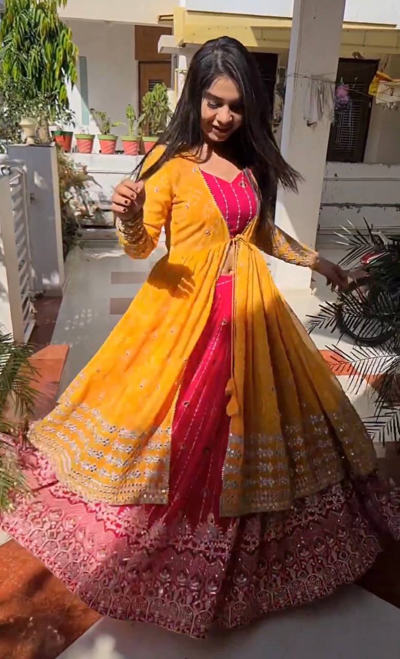 Buy Designer Sarees, Salwar Kameez, Kurtis & Tunic and Lehenga  Choli.Gorgeous Orange, Pink And Yellow Party Wear Saree