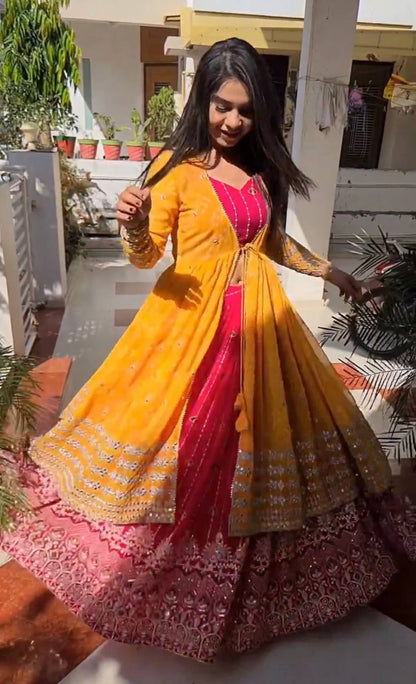 Attractive Pink With Orange Color Lehenga Choli With Shrug