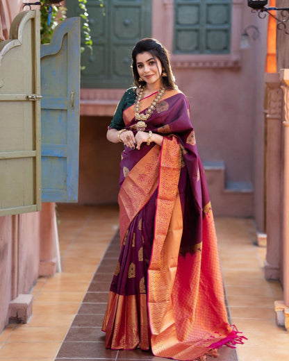 Banarasi Soft Silk Purple With Pink Border Zari Work Saree