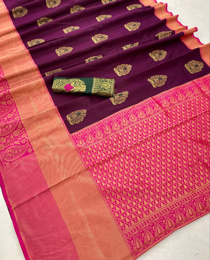 Banarasi Soft Silk Purple With Pink Border Zari Work Saree